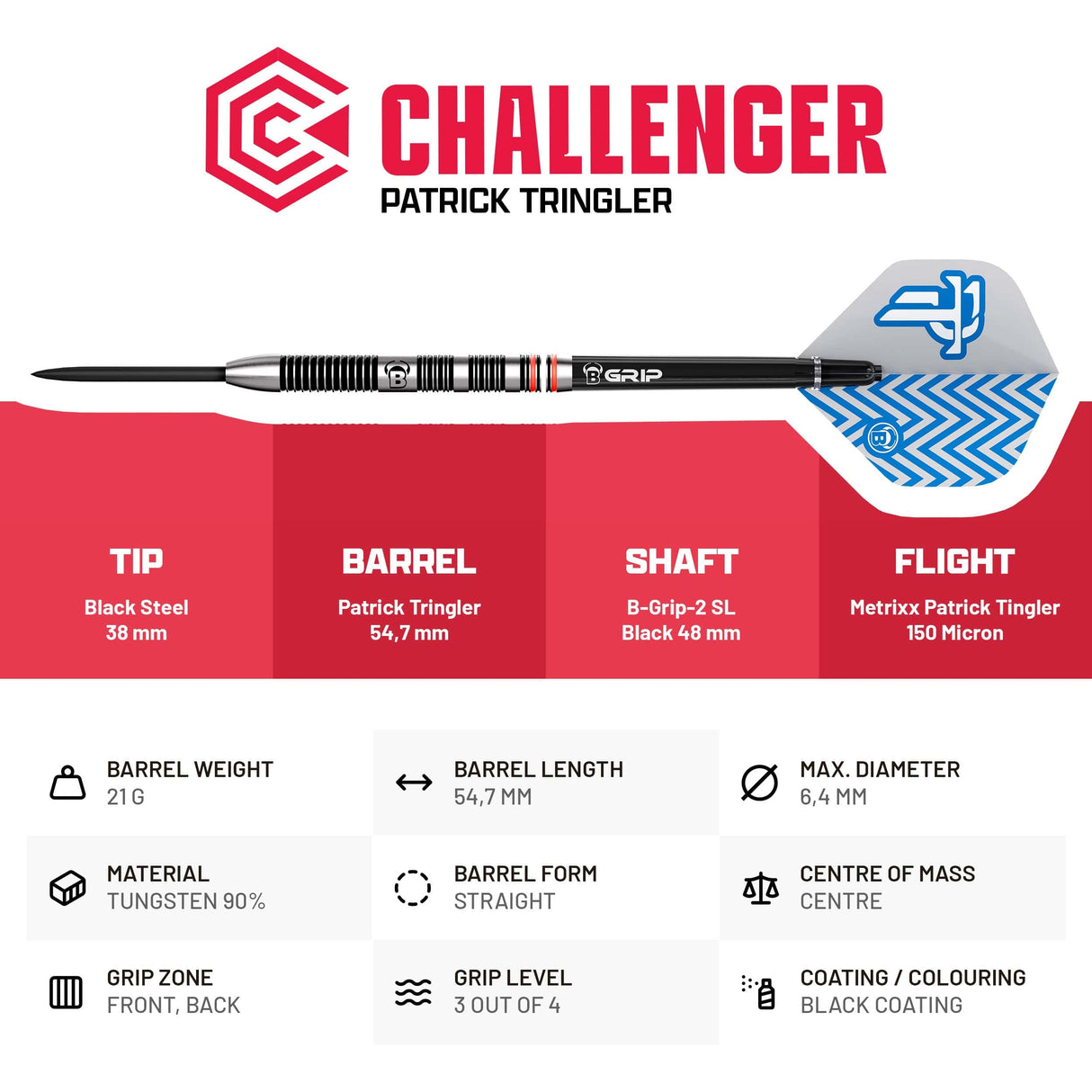 BULL'S Patrick Tringler Darts - Steel Tip - 90% Tungsten 21g