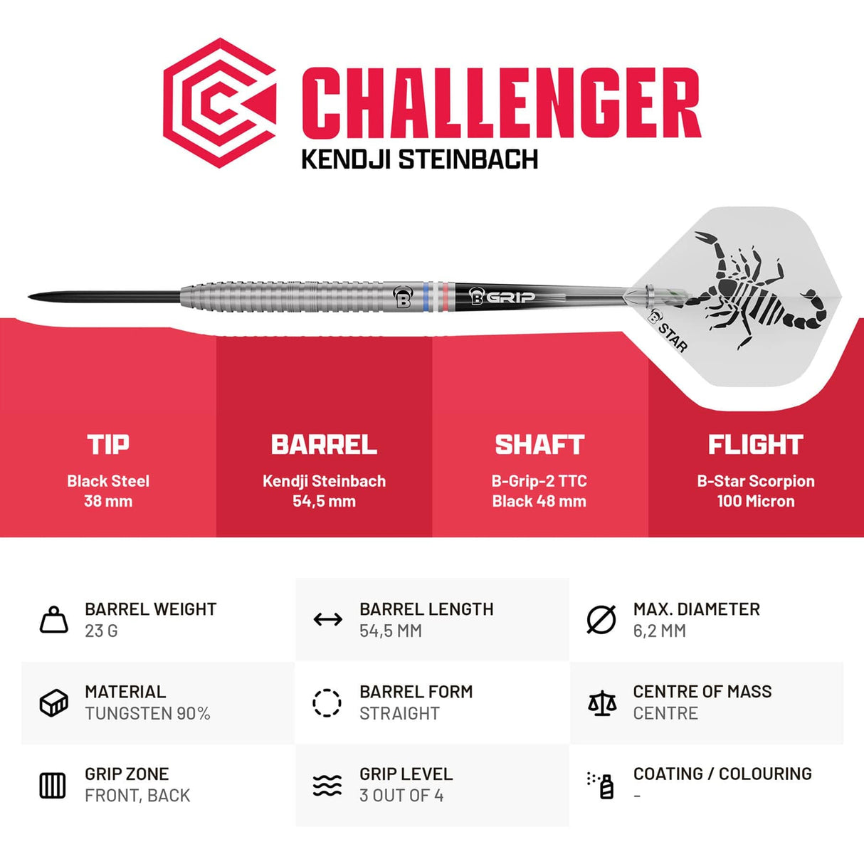 BULL'S Kendji Steinbach Darts - Steel Tip - 90% Tungsten 23g