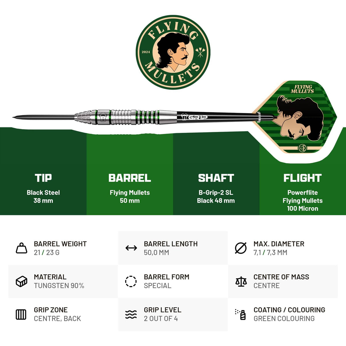 BULL'S Flying Mullet Darts - Steel Tip - 90% Tungsten