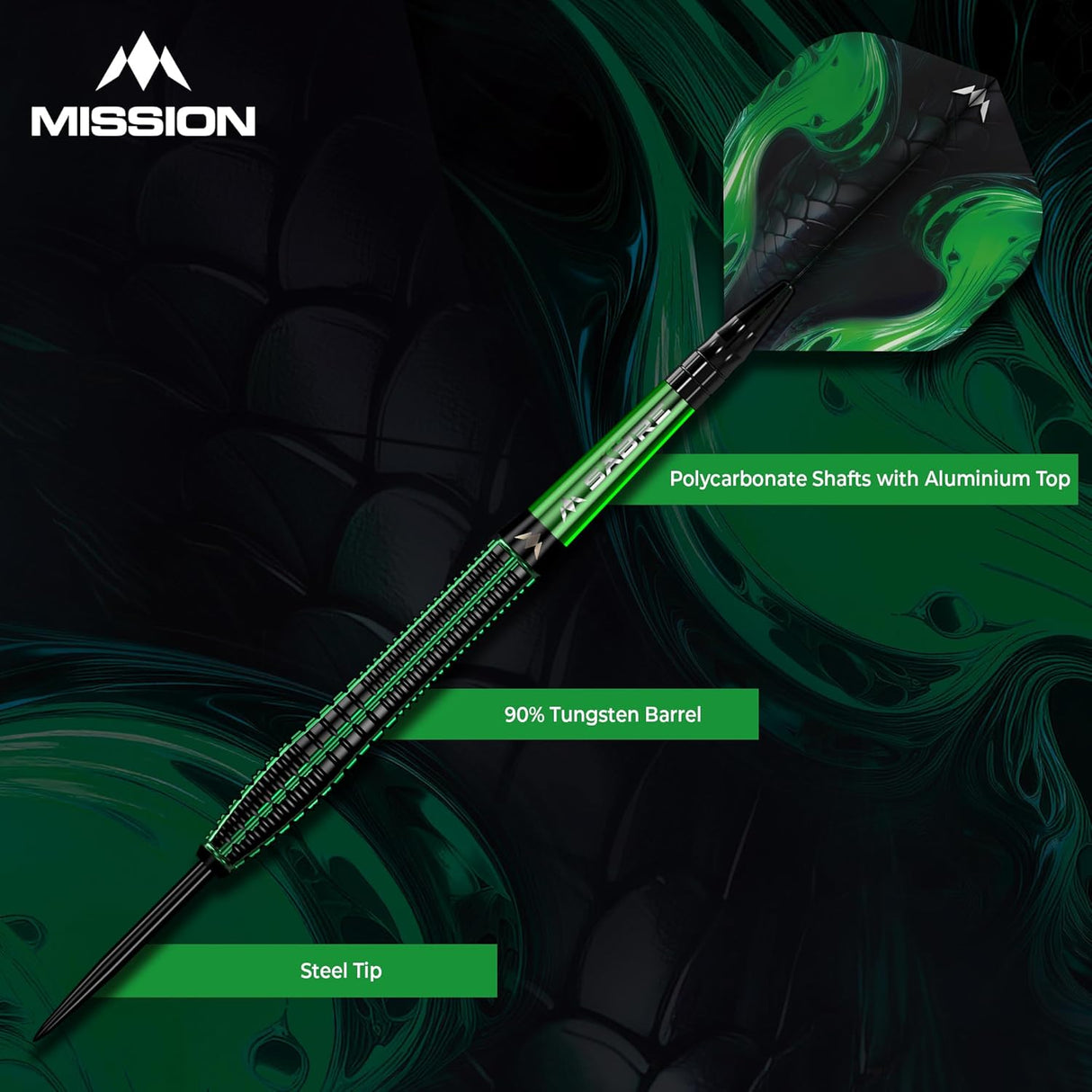 Mission Venom Darts - Steel Tip - 90% Tungsten - Black & Green Electro
