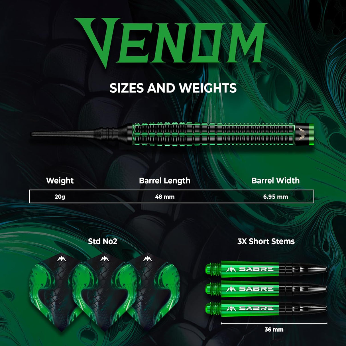 Mission Venom Darts - Steel Tip - 90% Tungsten - Black & Green Electro