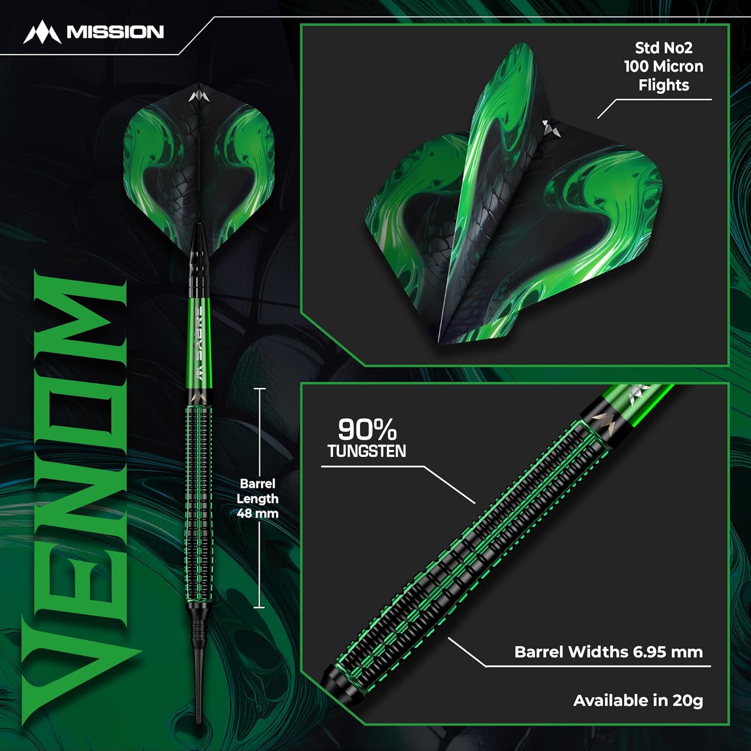 Mission Venom Soft Tip Darts - 90% Tungsten Black & Green