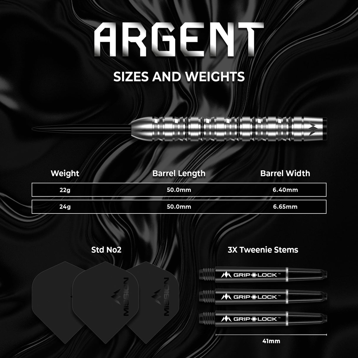 Mission Argent Darts - Steel Tip - 90% Tungsten - Silver