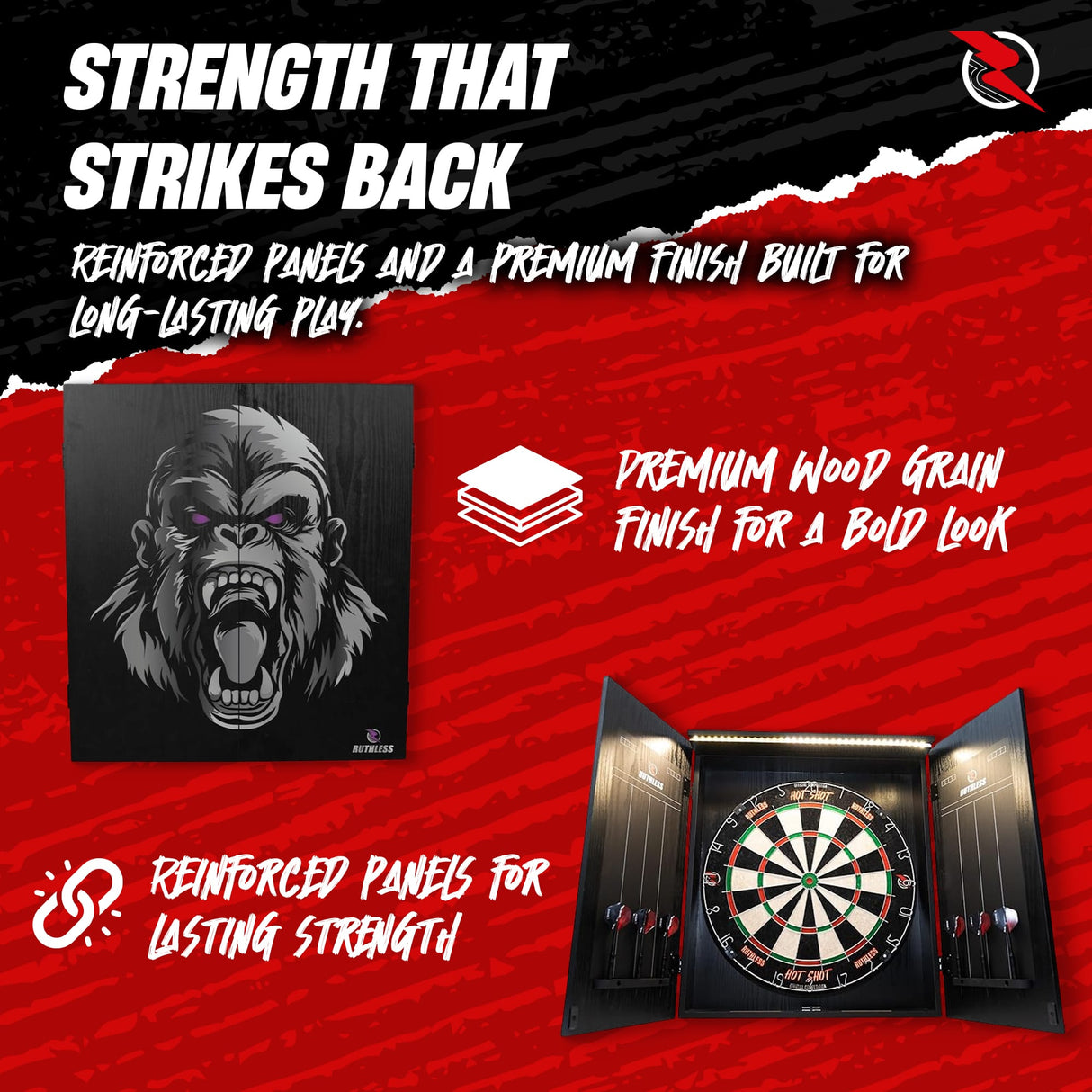 Ruthless Home Darts Centre - Cabinet with USB Light - Gorilla