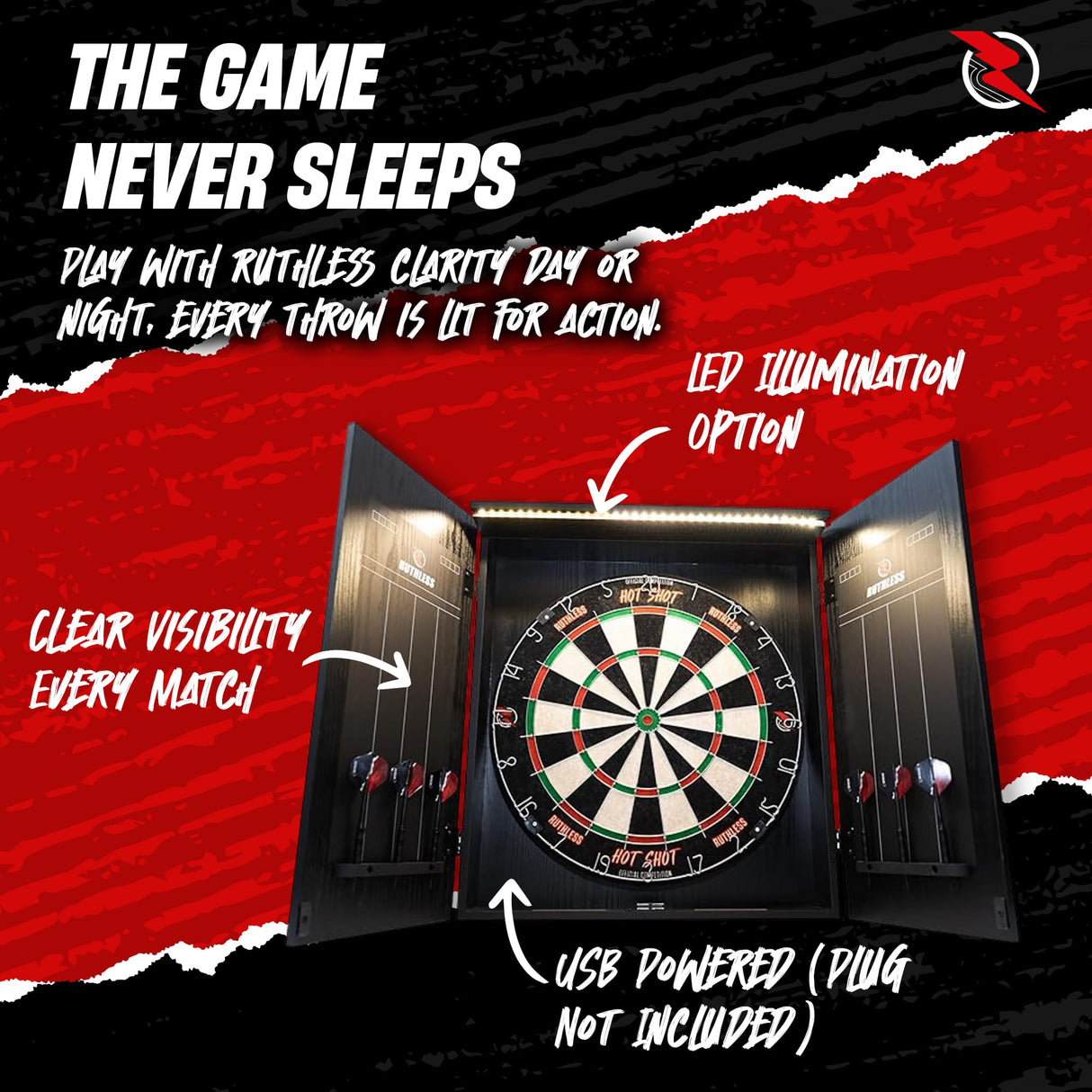 Ruthless Home Darts Centre - Cabinet with USB Light - Cobra