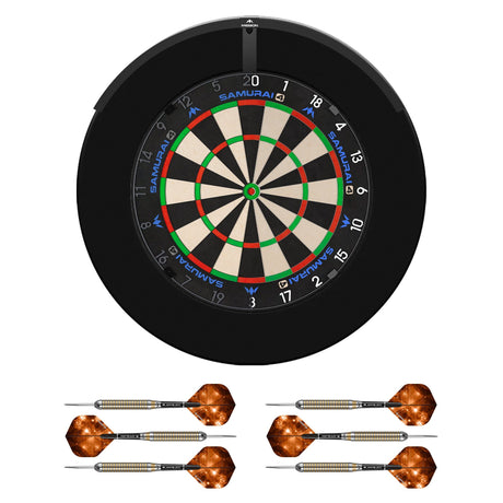 Mission Samurai 4 Dartboard Set - Dart Board, Surround, Torus 100 Light & 2 sets of Brass Darts