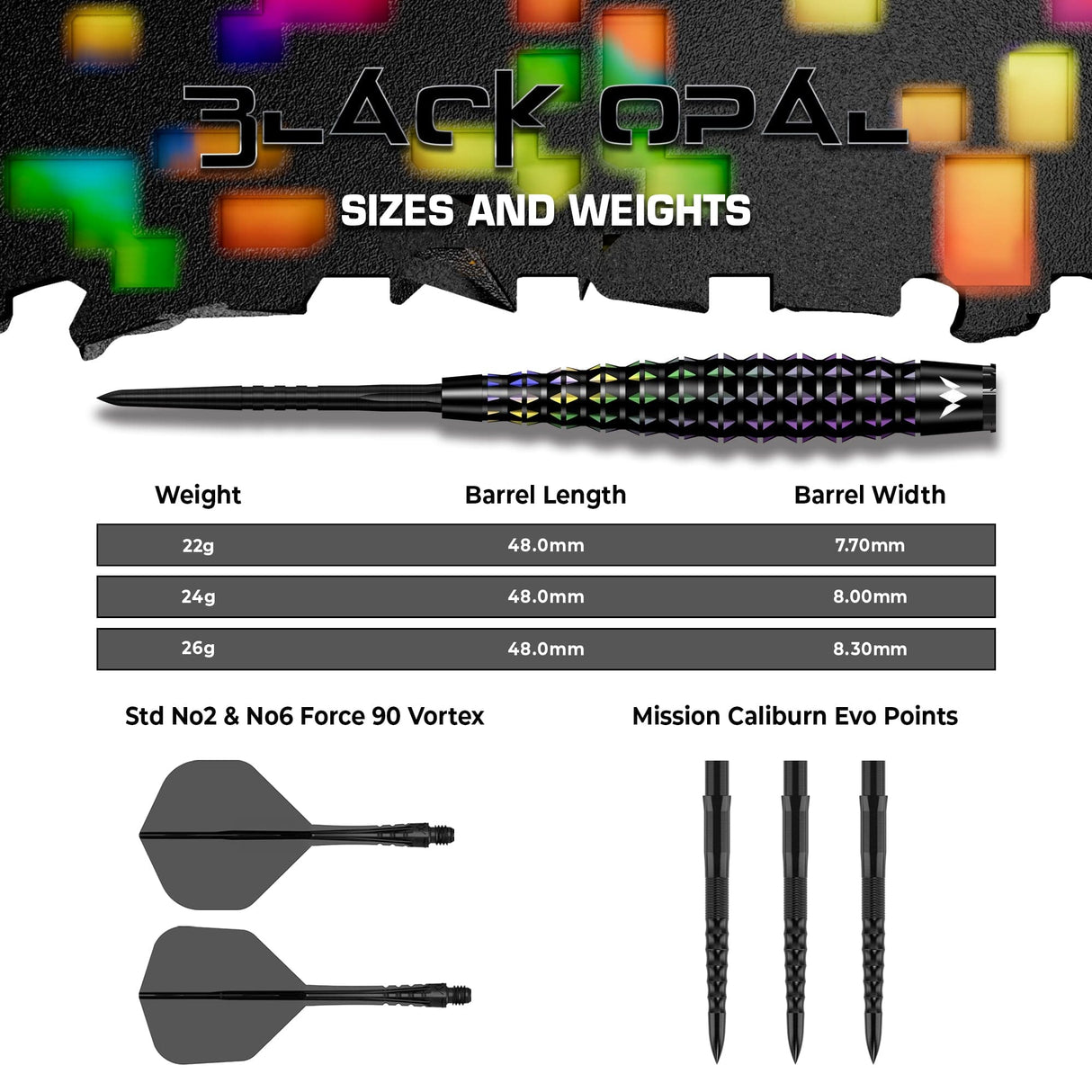 Mission Black Opal Darts - Steel Tip - 95% Tungsten - Black & Coral PVD