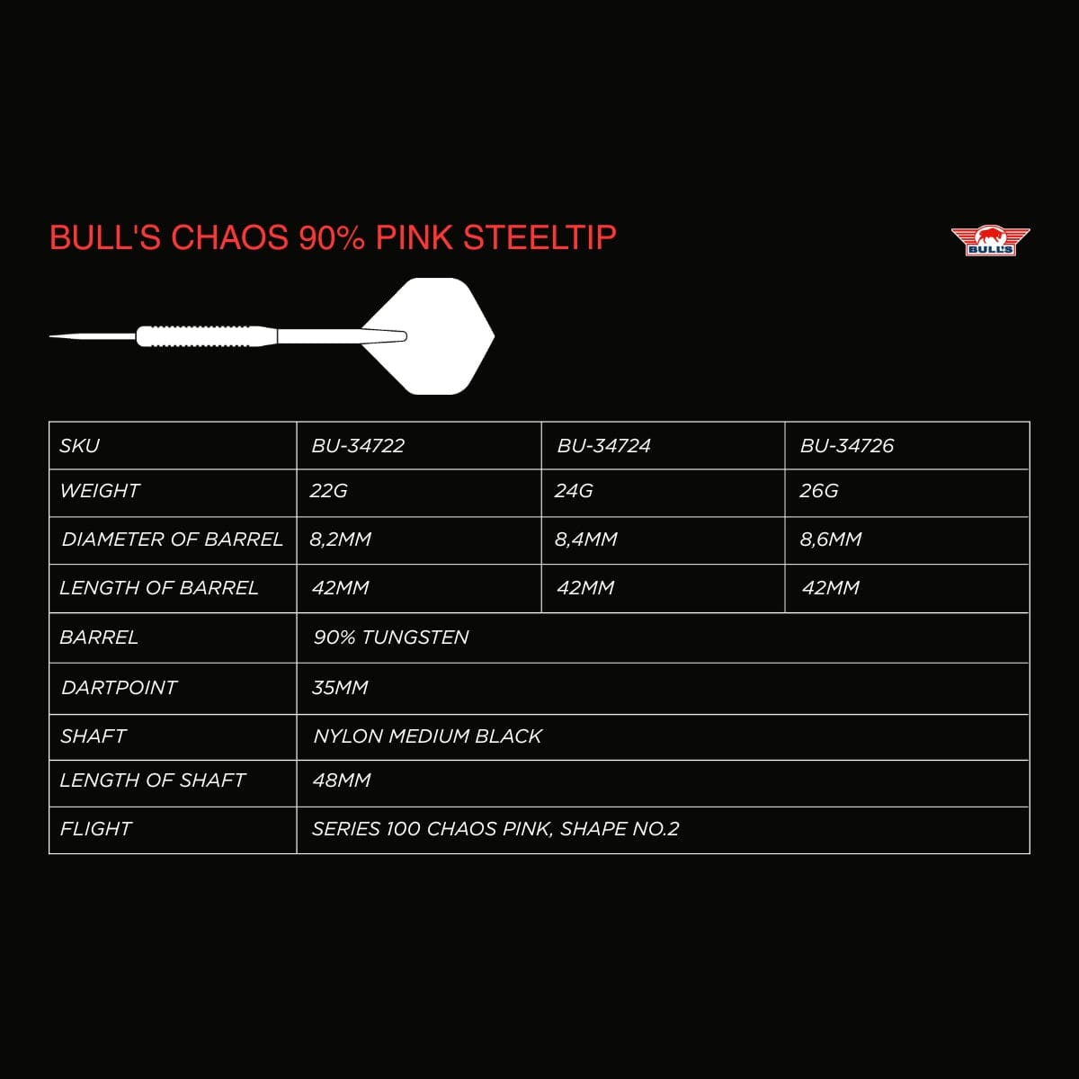 Bulls Chaos Darts - Steel Tip - 90% Tungsten - Pink