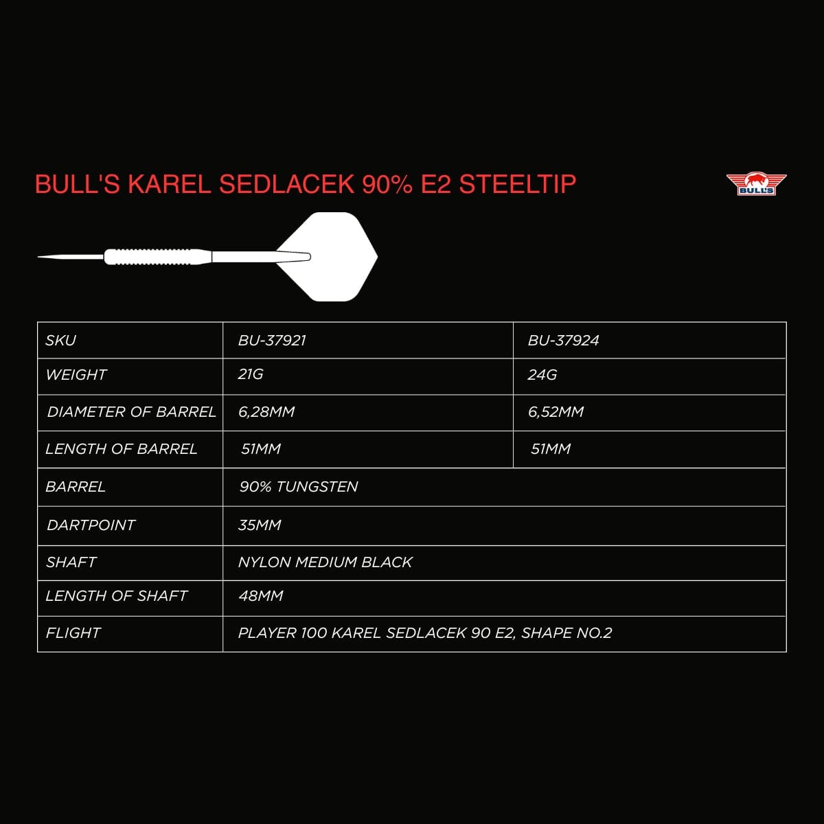 Bulls Karel Sedlacek Darts - Steel Tip - 90% Tungsten - E2