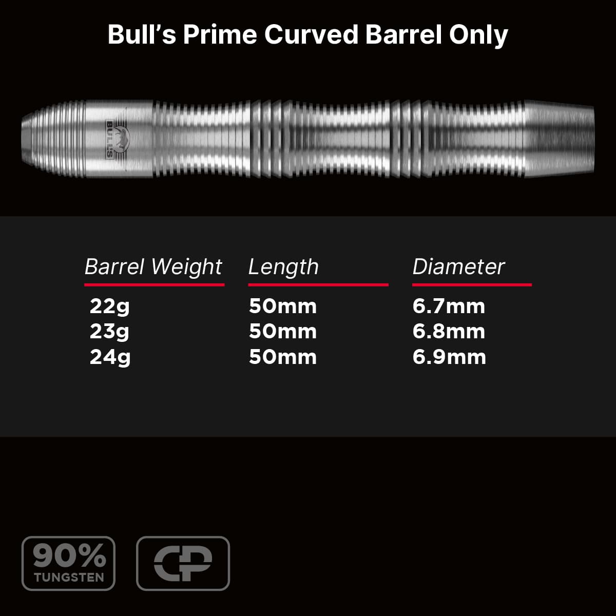 Bulls Prime CP Darts - Steel Tip - 90% Tungsten - Barrels Only - Curved
