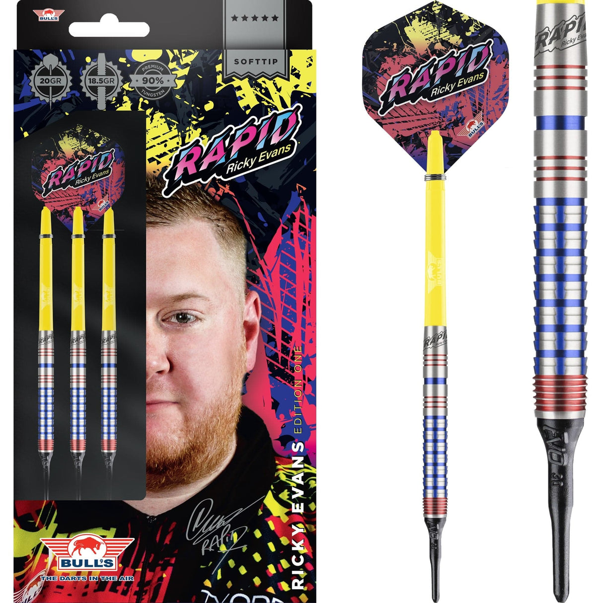 Bulls Ricky Evans Darts - Soft Tip - 90% - Rapid - Red & Blue 20g