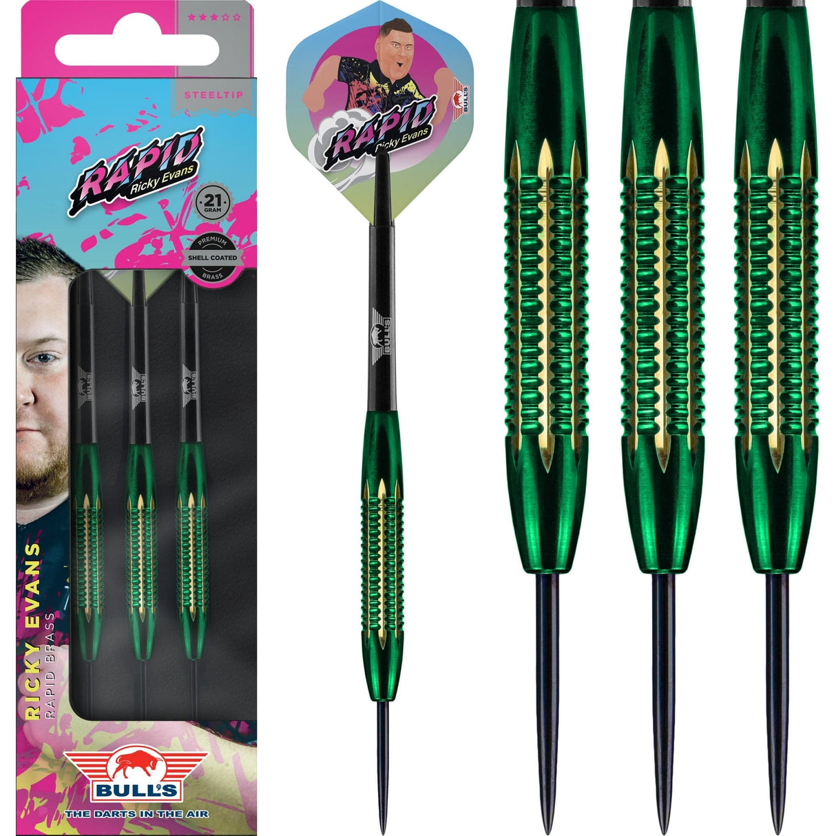 Bulls Ricky Evans Darts - Steel Tip - Shell Coated Brass - Rapid - Green 21g