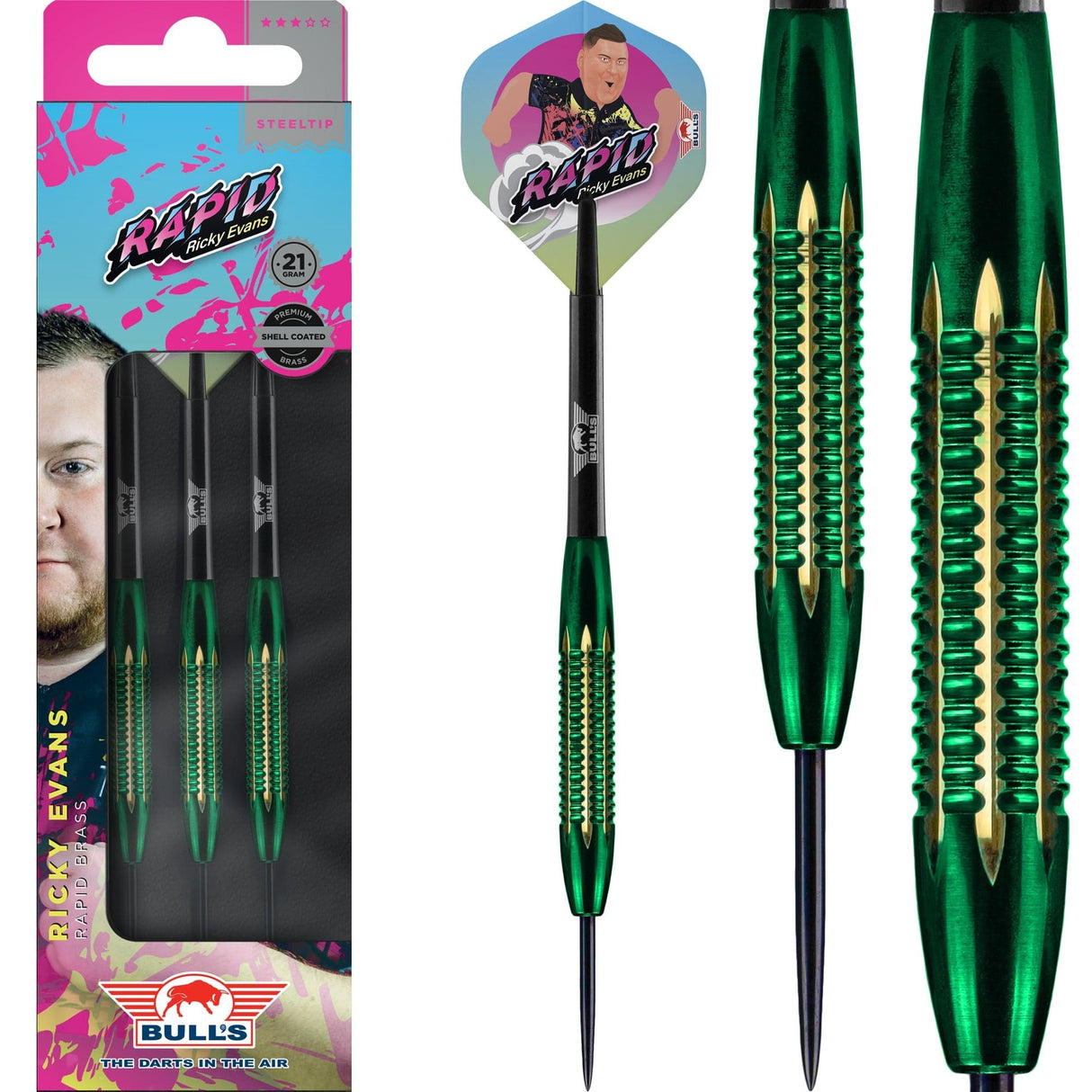 Bulls Ricky Evans Darts - Steel Tip - Shell Coated Brass - Rapid - Green 21g
