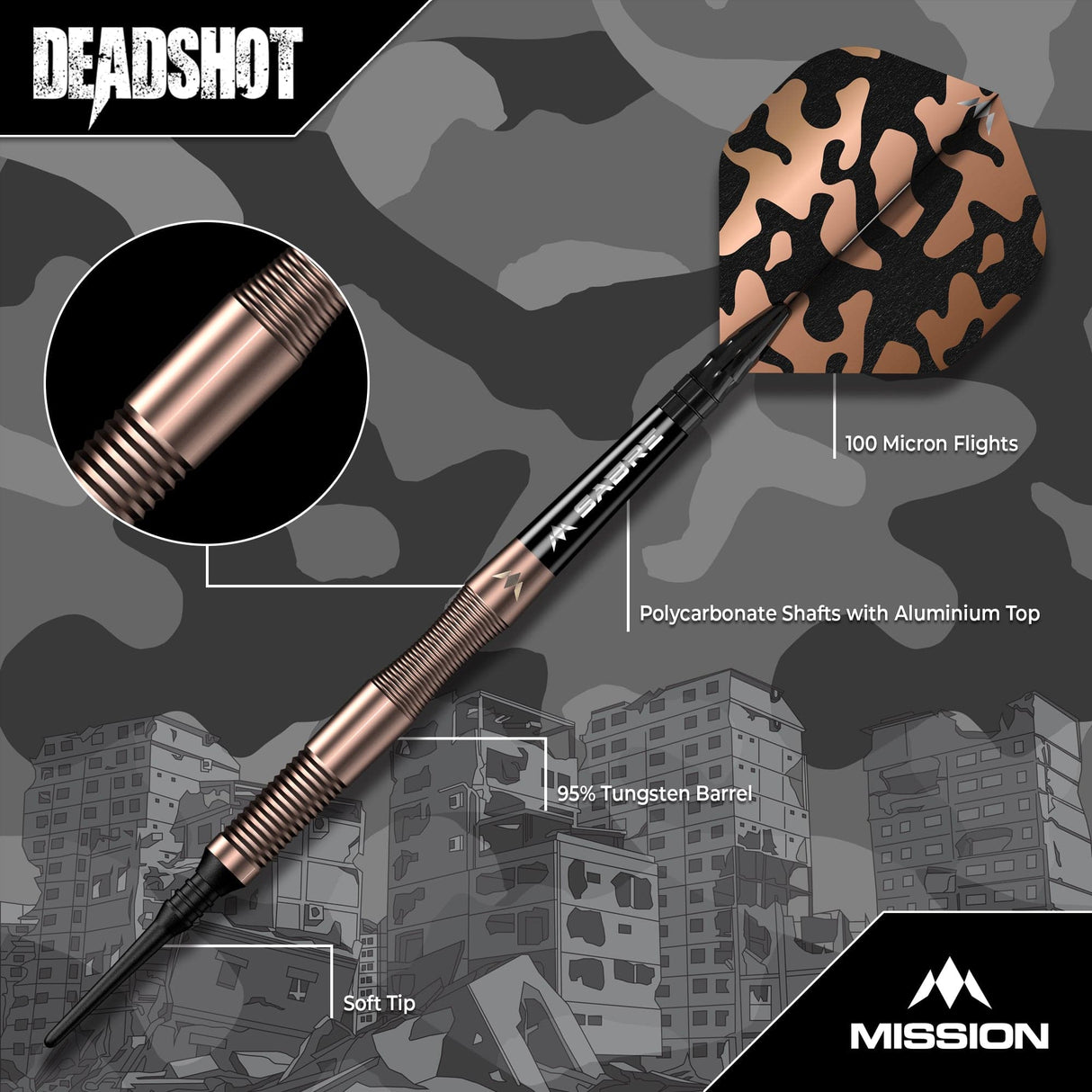 Mission Dead Shot Darts - Soft Tip - 95% Tungsten - Bronze - 19g