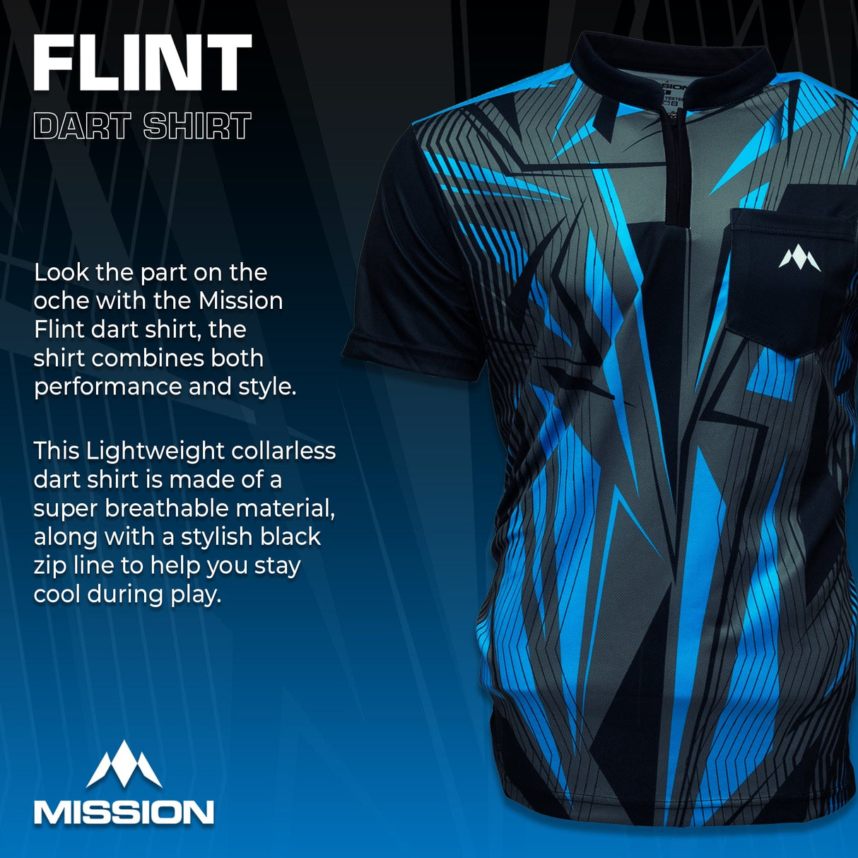 Mission Darts Flint Dart Shirt - Collarless - Lightweight - Black & Blue - Youth