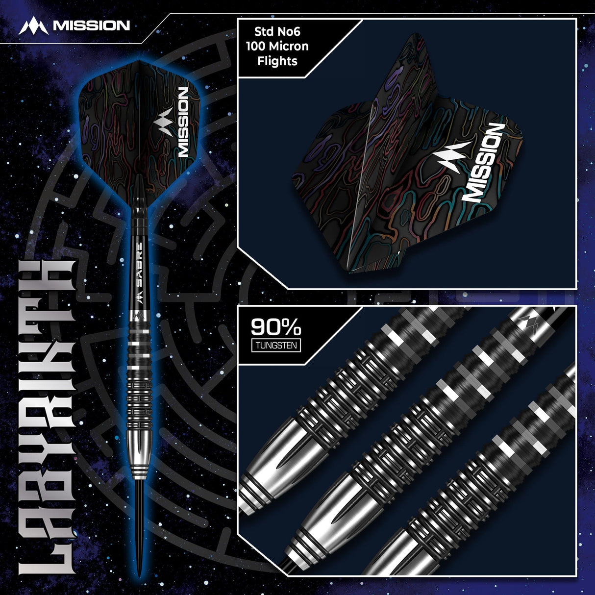 Mission Labyrinth Darts - Steel Tip - 90% Tungsten - Black PVD