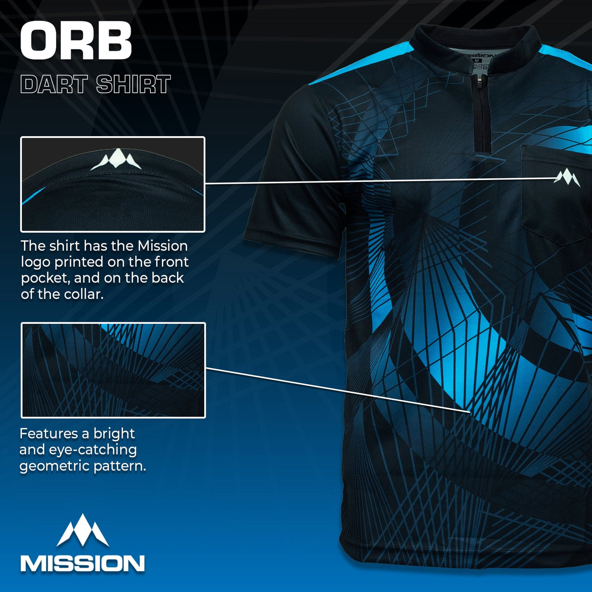 Mission Darts Orb Dart Shirt - Collarless - Lightweight - Black & Blue - Youth