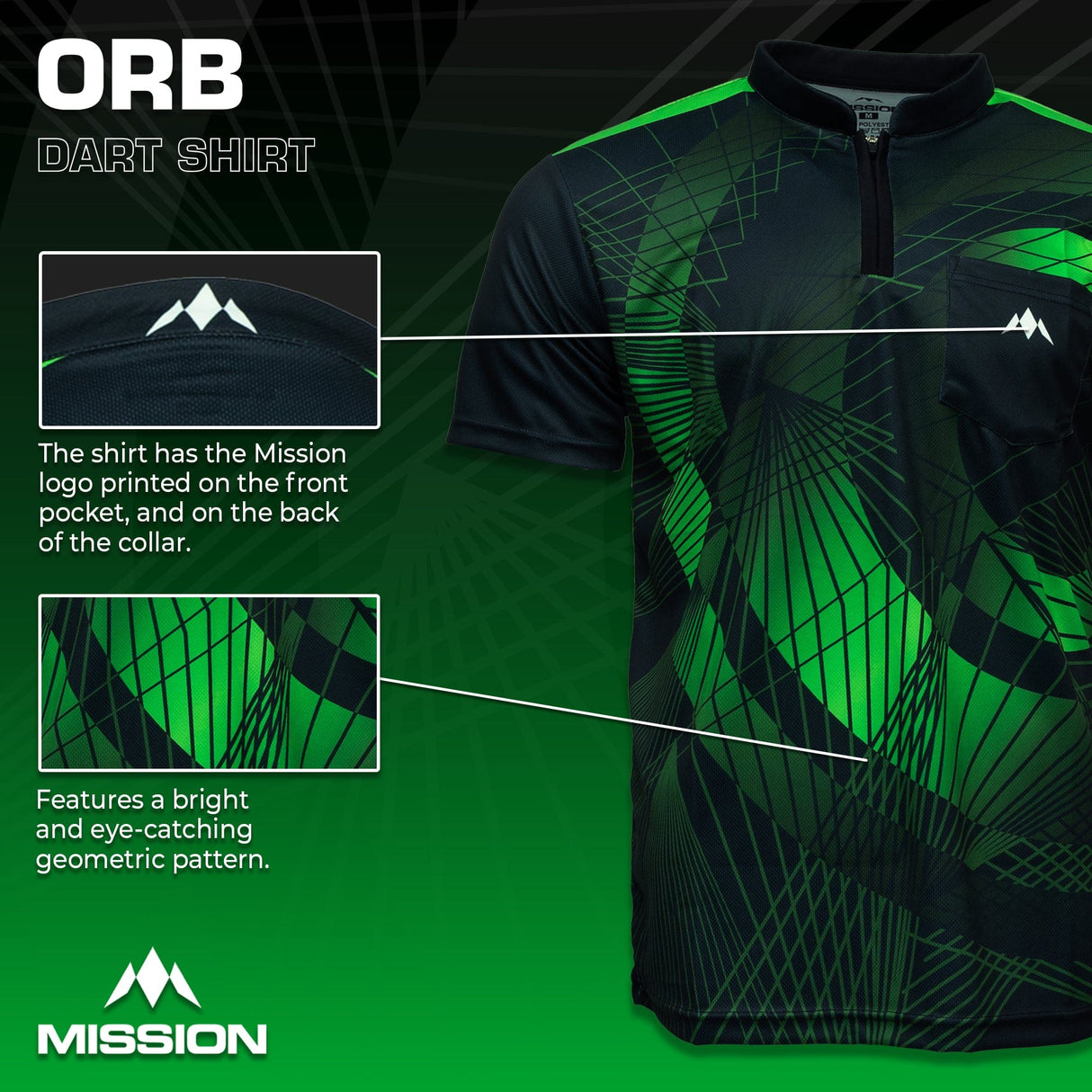 Mission Darts Orb Dart Shirt - Collarless - Lightweight - Black & Green - Youth