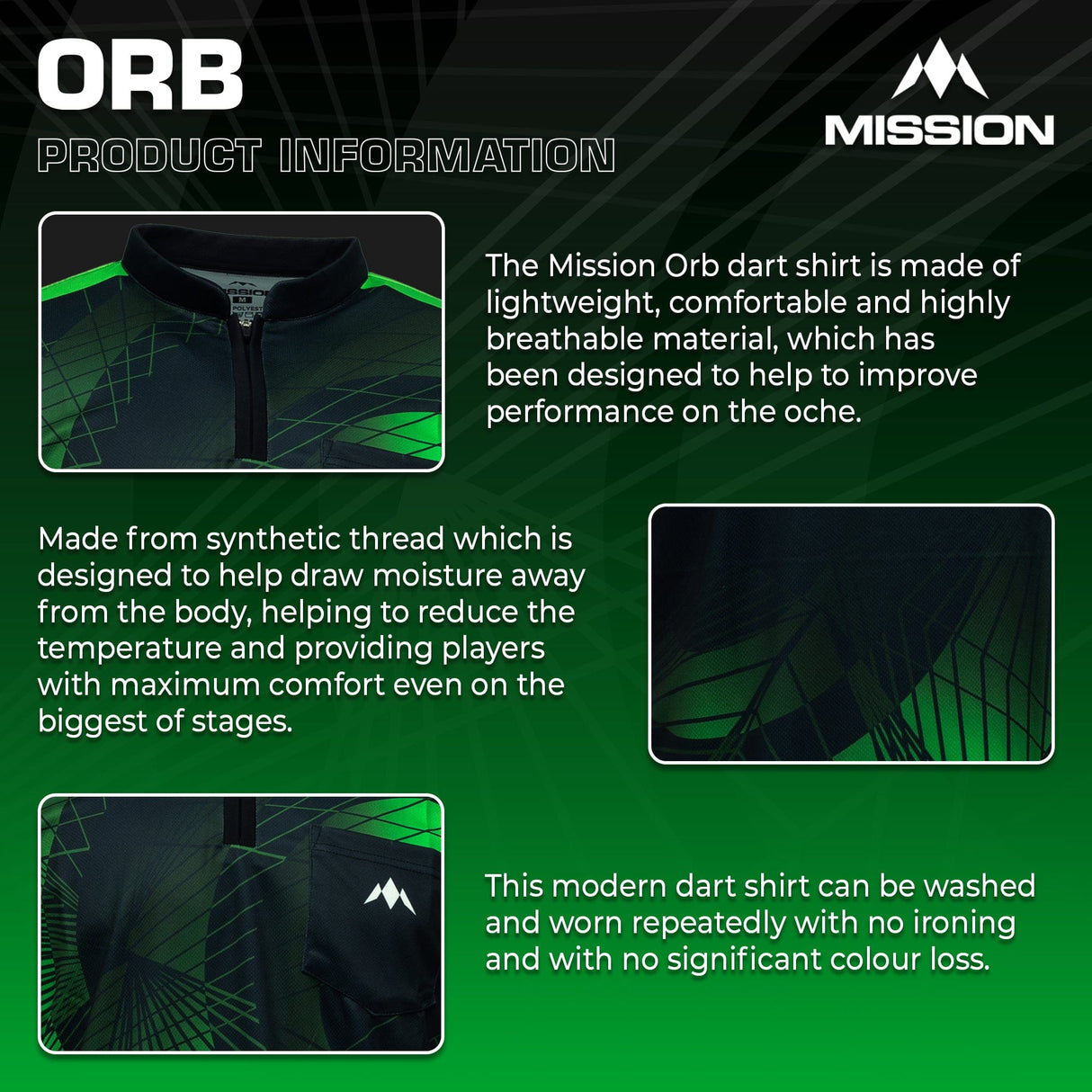 Mission Darts Orb Dart Shirt - Collarless - Lightweight - Black & Green - Youth