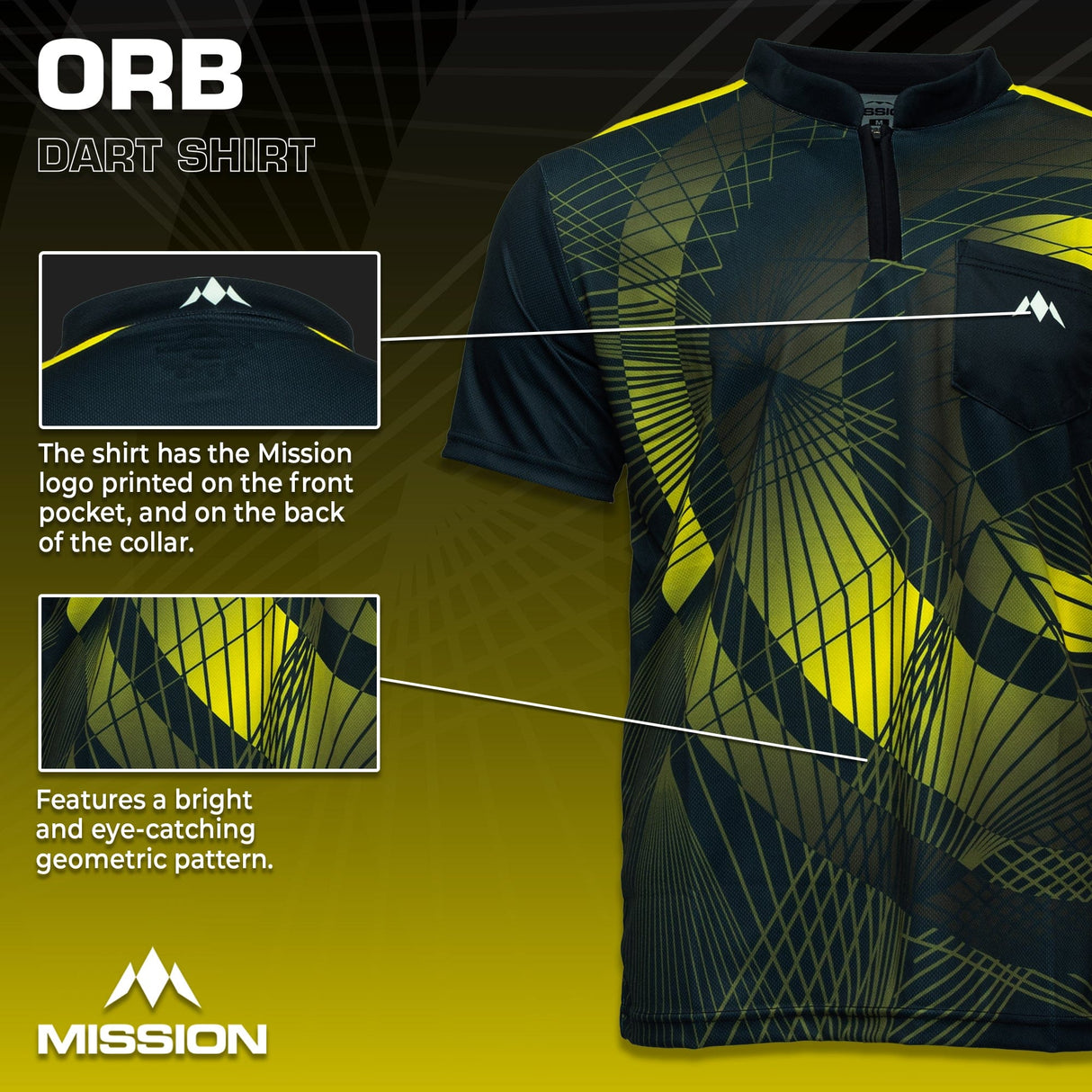 Mission Darts Orb Dart Shirt - Collarless - Lightweight - Black & Yellow - Youth