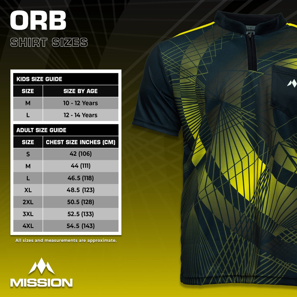 Mission Darts Orb Dart Shirt - Collarless - Lightweight - Black & Yellow - Youth