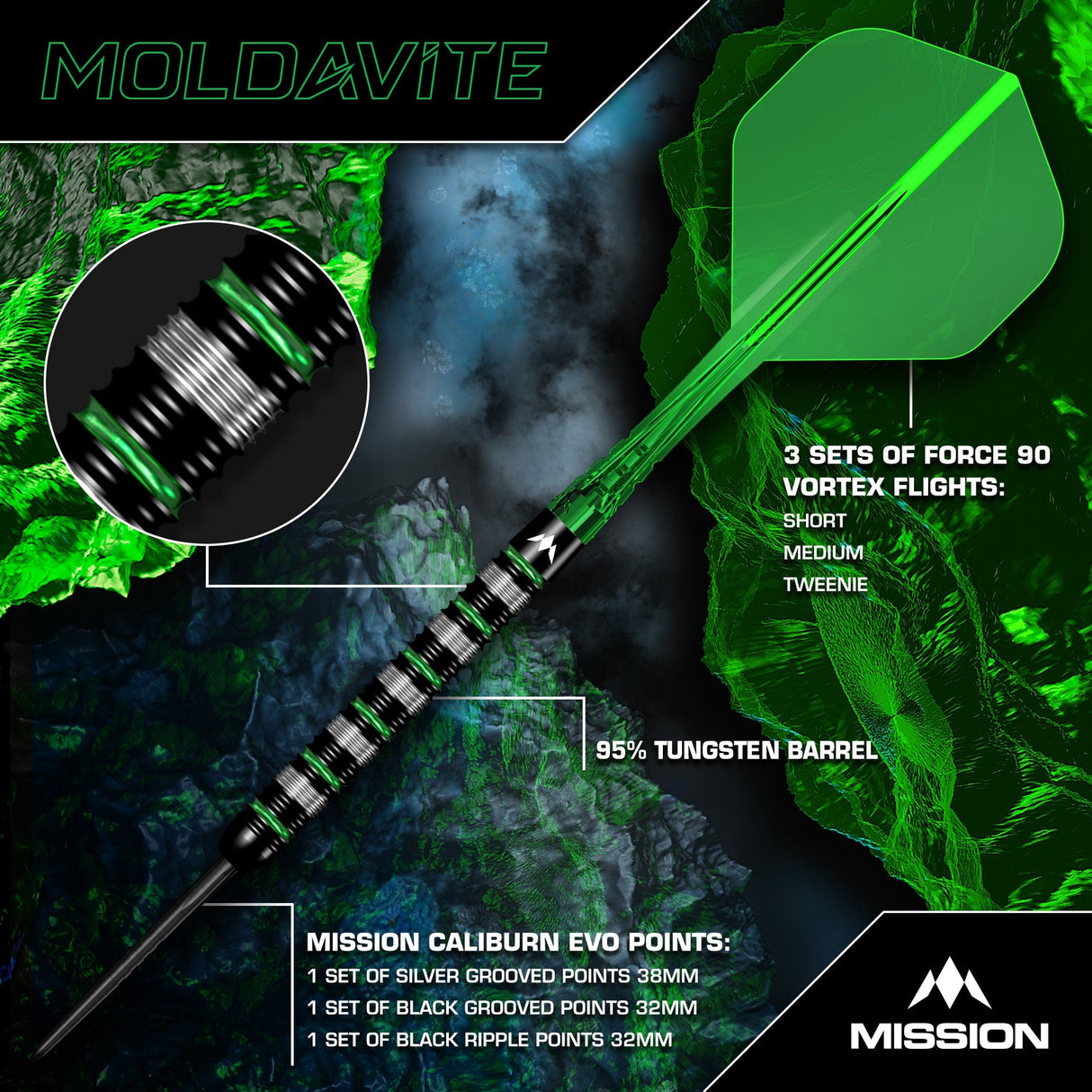 Mission Moldavite Darts - Steel Tip - 95% Tungsten - Black & Green