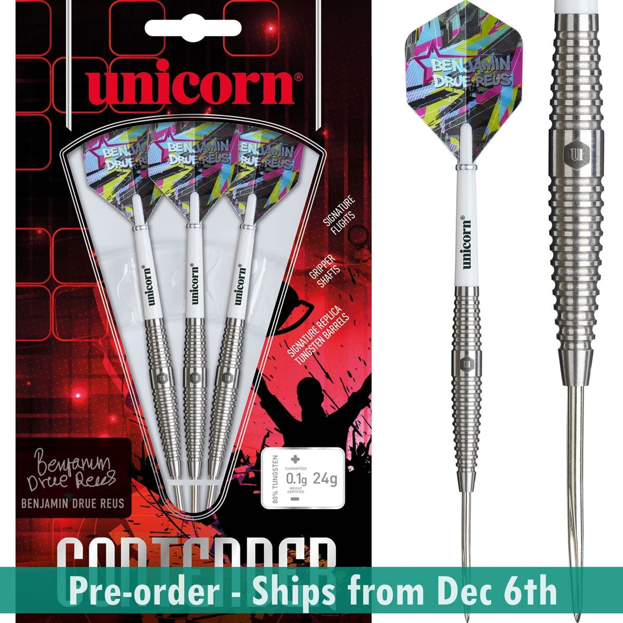Unicorn Contender Darts - Steel Tip - 80% Tungsten - Benjamin Drue Reus - 24g