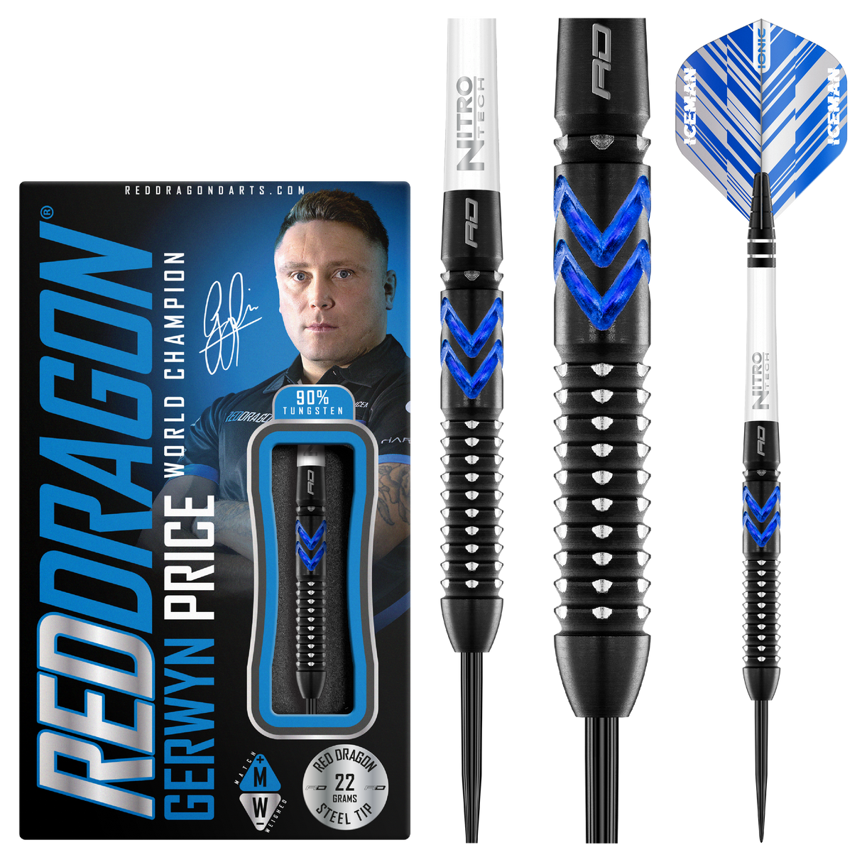Red Dragon Gerwyn Price Darts - Steel Tip - 90% Tungsten - Ice Blue