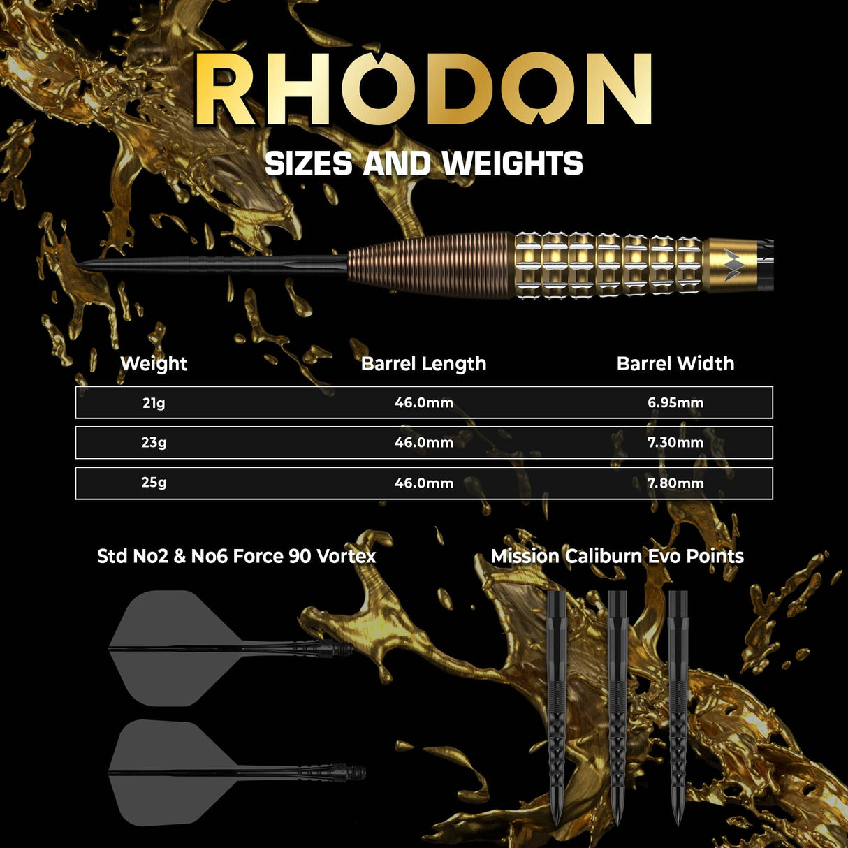 Mission Rhodon Darts - Steel Tip - 95% Tungsten - Bronze & Gold PVD