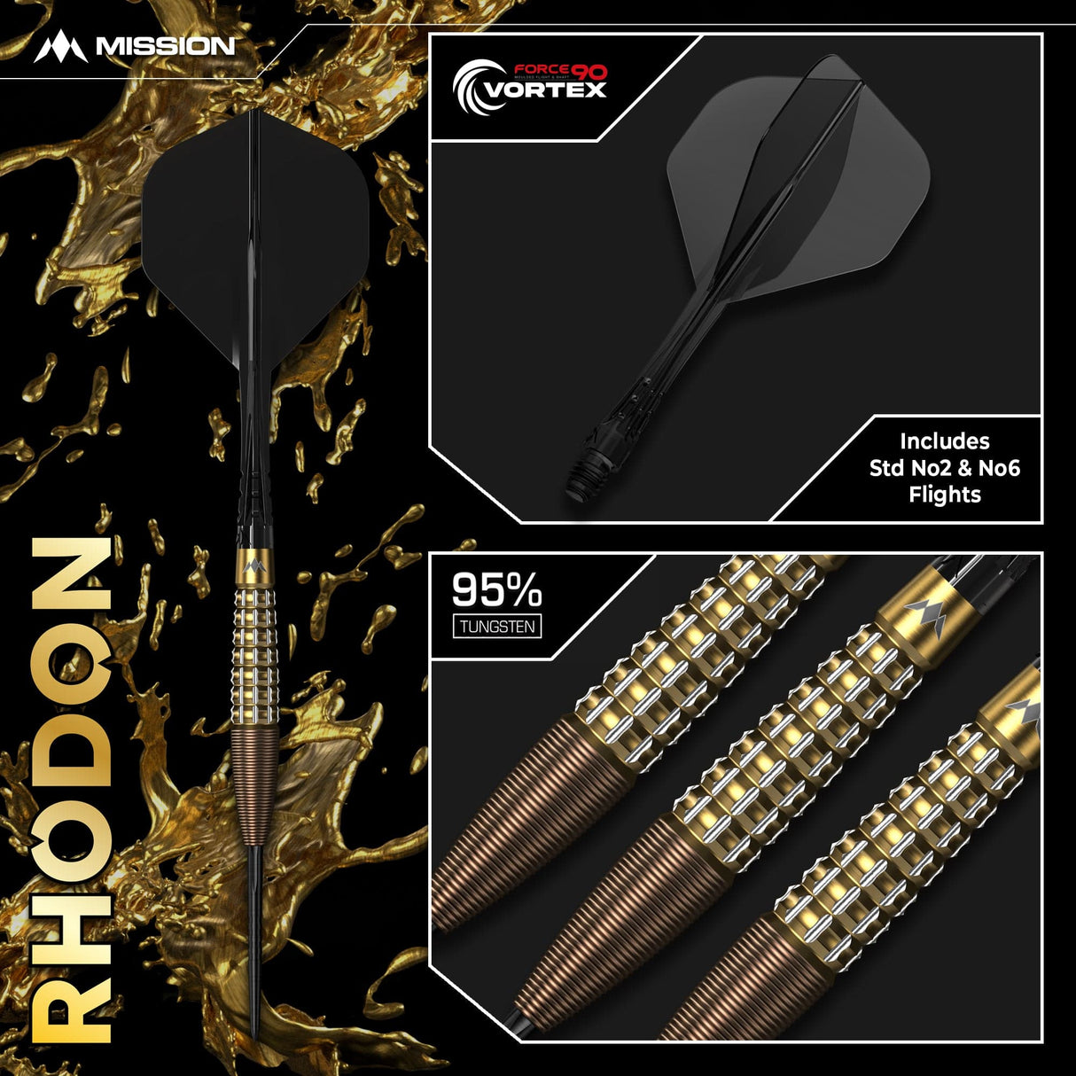 Mission Rhodon Darts - Steel Tip - 95% Tungsten - Bronze & Gold PVD