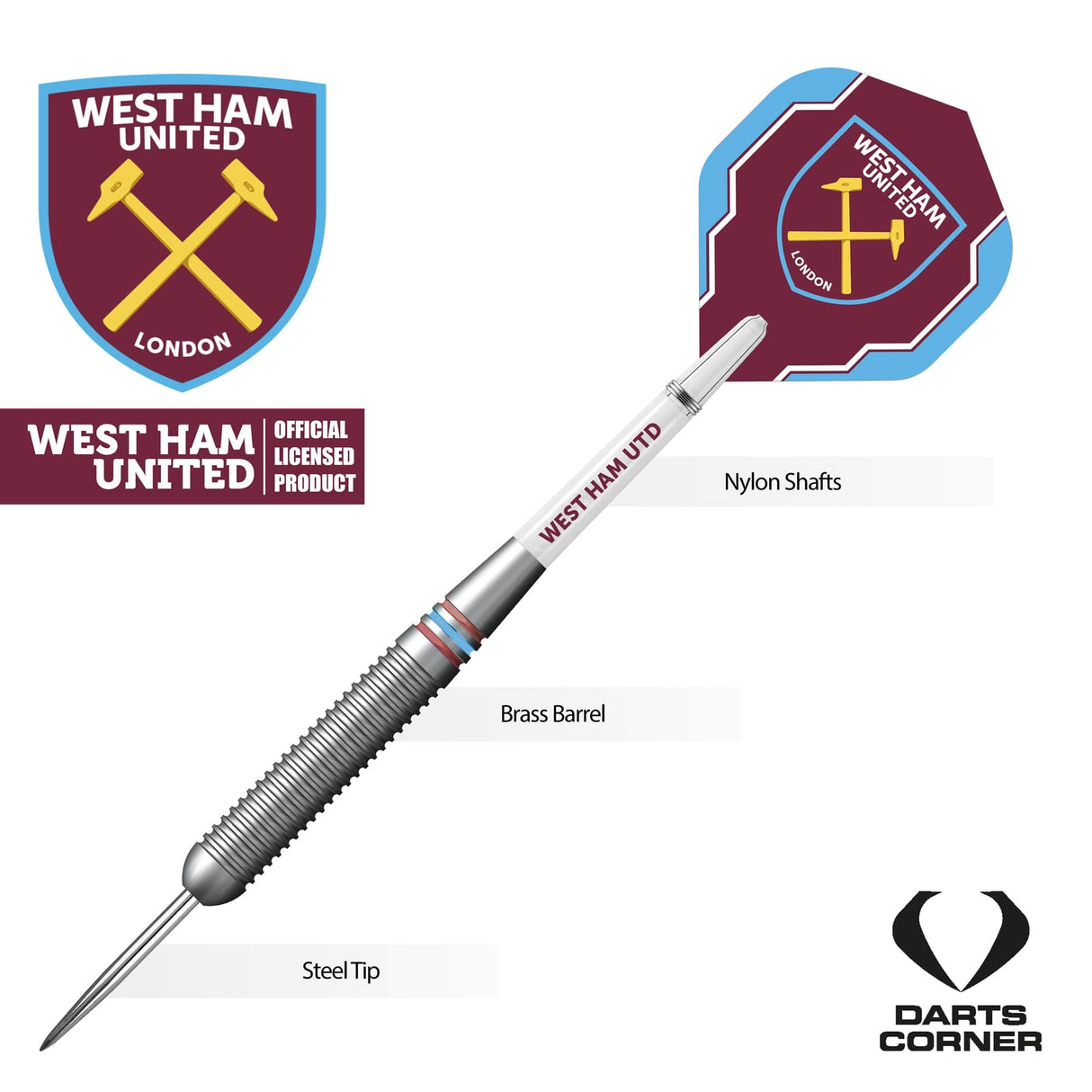 West Ham United FC - Official Licensed - Steel Tip Darts - Brass - 22g