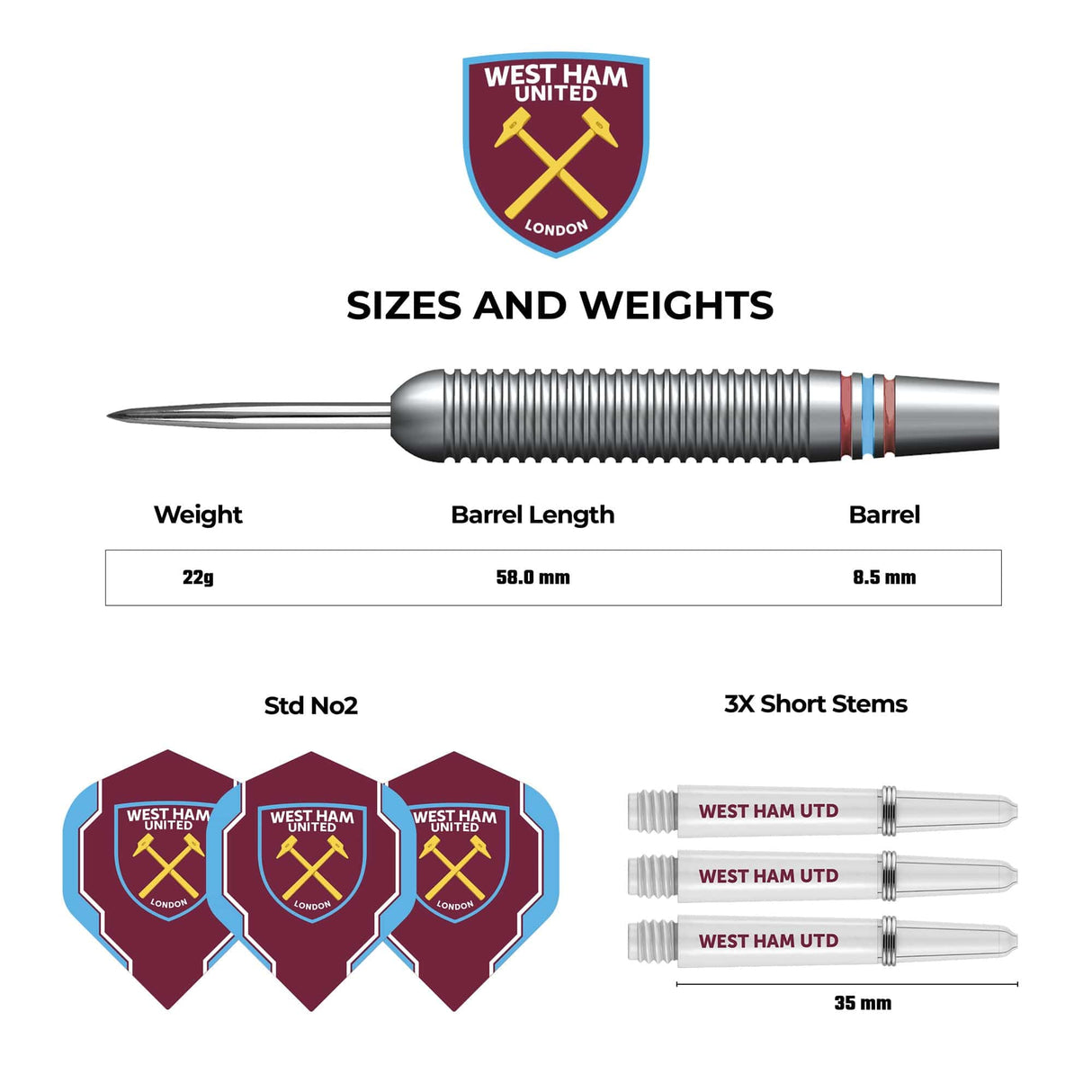 West Ham United FC - Official Licensed - Steel Tip Darts - Brass - 22g