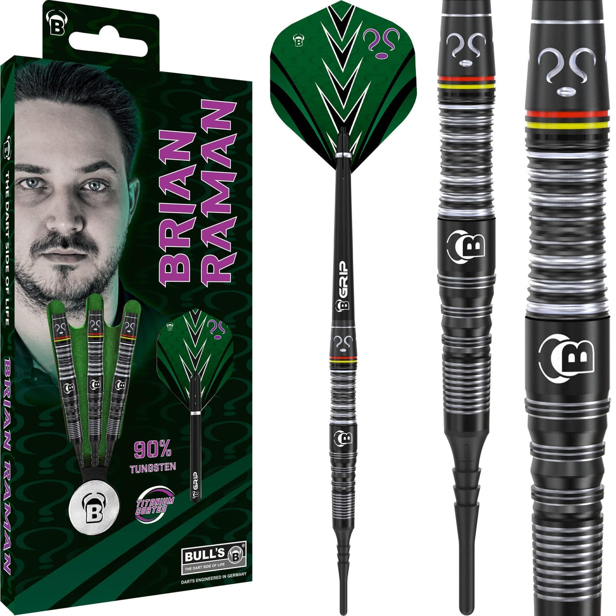 BULL'S Brian Raman Darts - Soft Tip - 90% Tungsten - Black Titanium 18g