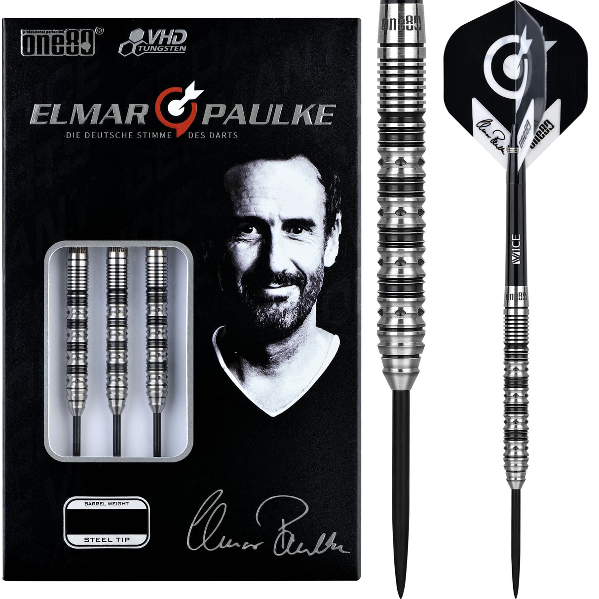 *One80 Elmar Paulke Darts - Steel Tip - V2 - Black & Silver 22g