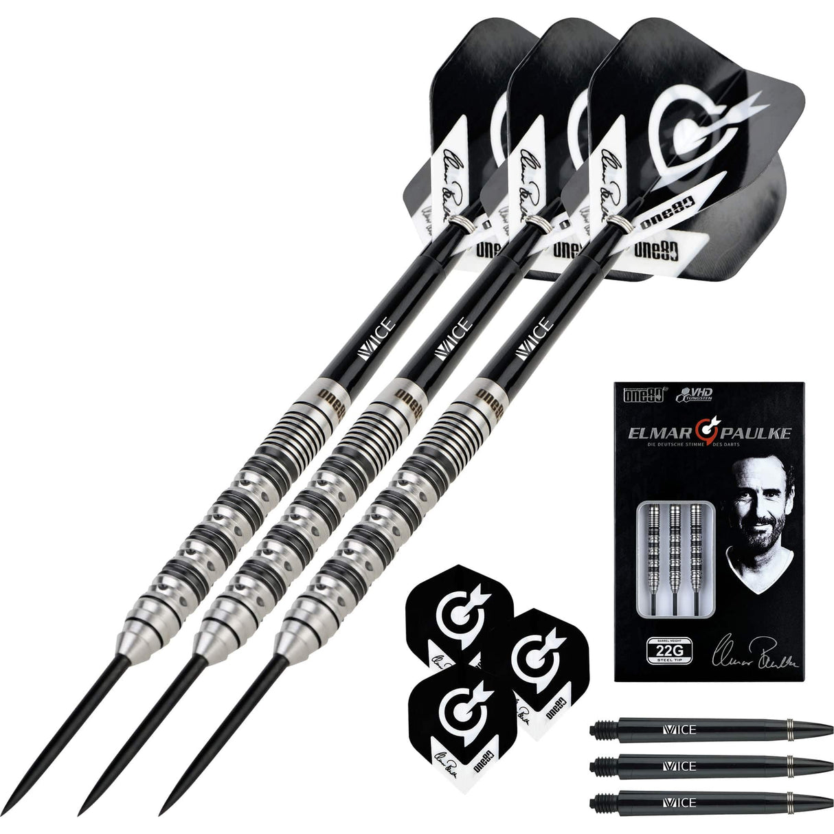 *One80 Elmar Paulke Darts - Steel Tip - V2 - Black & Silver