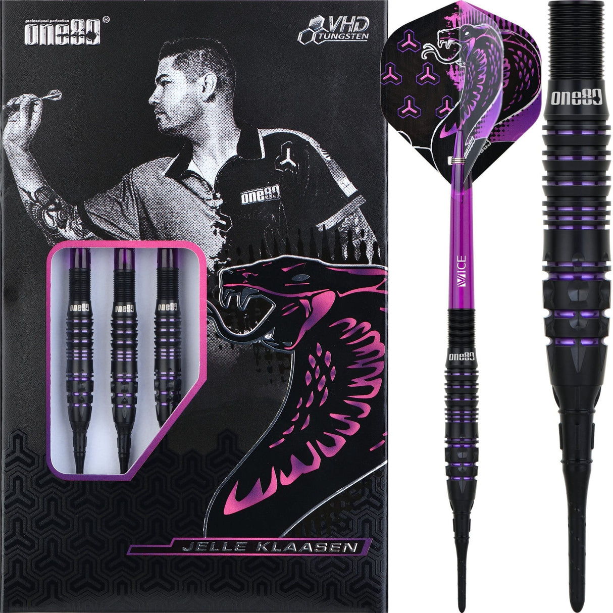One80 Jelle Klaasen VHD Darts - Soft Tip - The Cobra - Black 16g