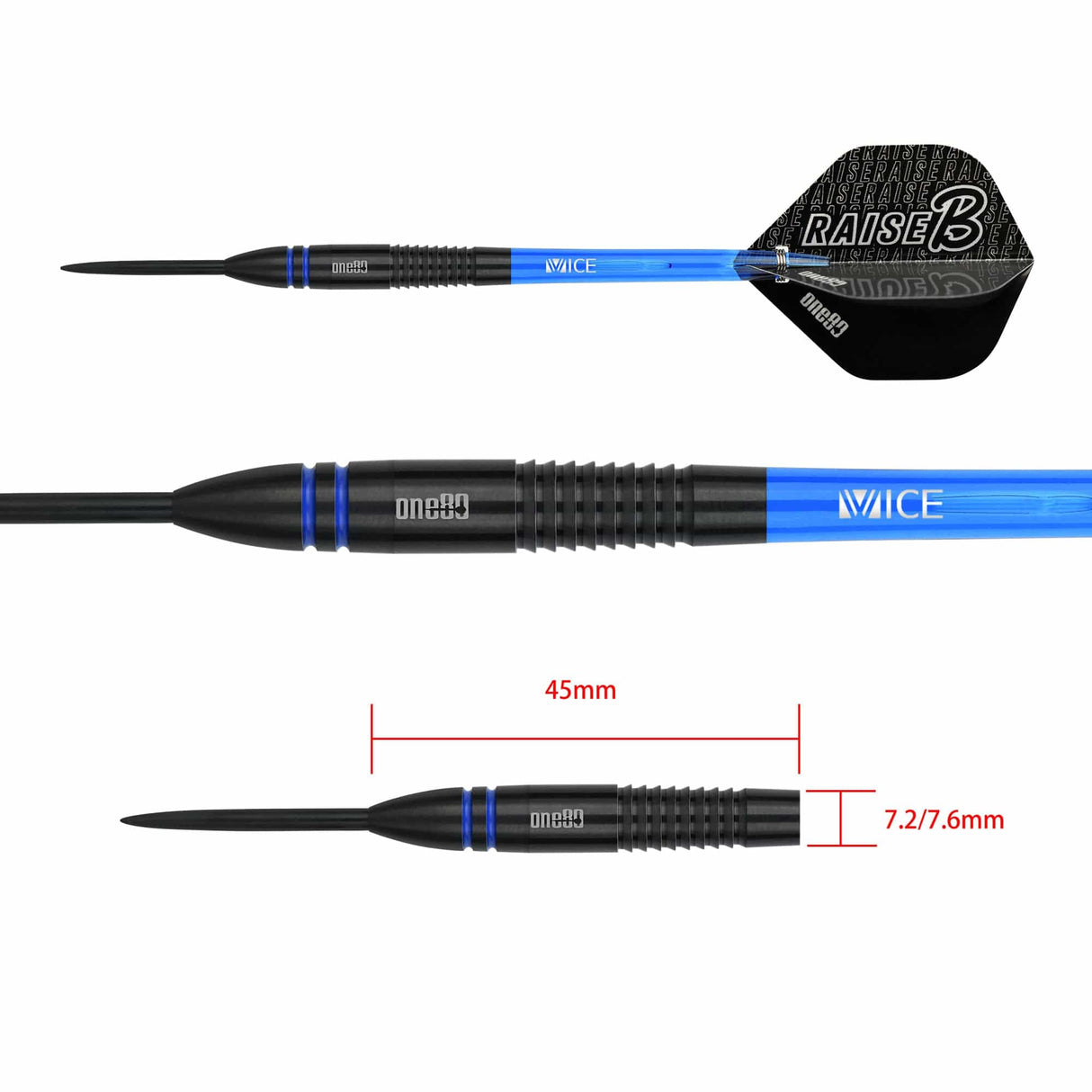 One80 Raise B Darts - Steel Tip - Black - Blue Rings