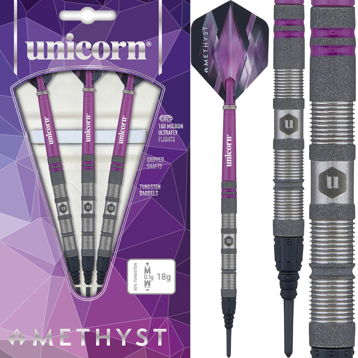 Unicorn Amethyst Darts - Soft Tip - Utech - Style 1 - Sandblasted 18g