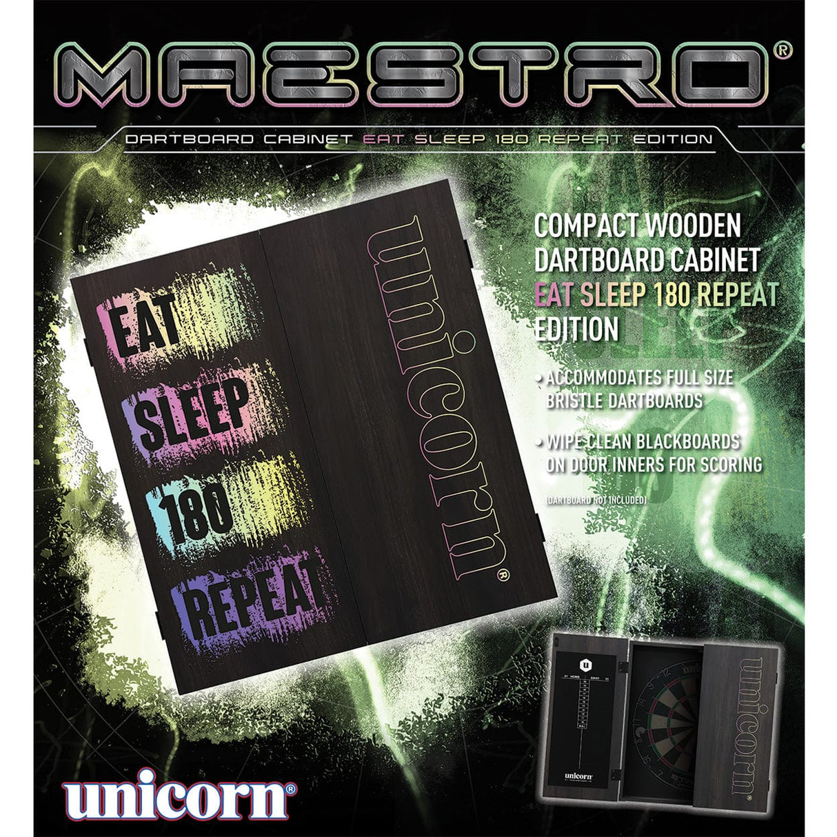Unicorn Dartboard Cabinet - Maestro - Square - Eat, Sleep, 180, Repeat