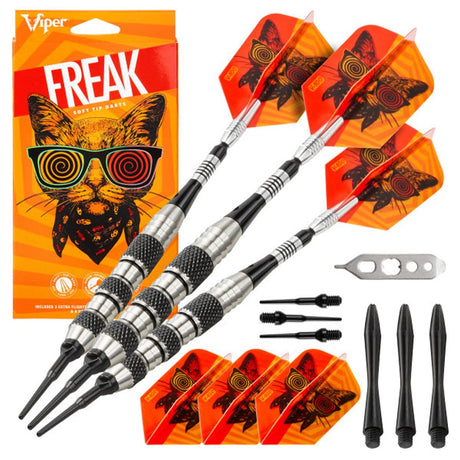 Viper The Freak Darts - Soft Tip - Nickel Silver - with Spinster Shafts - F1 - Black Tri-Knurl 18g